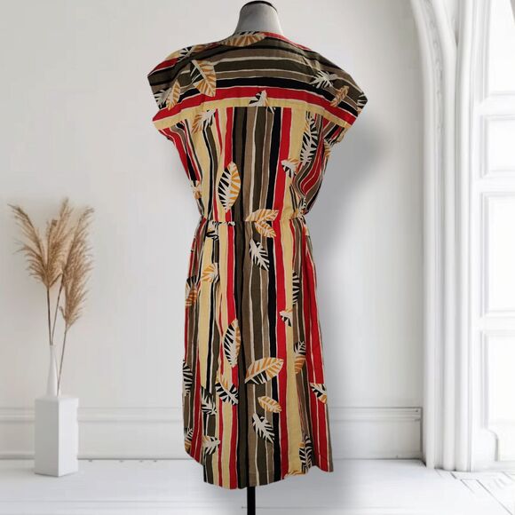 Vintage 80s Dolman Sleeve Midi Dress Size L Striped Leaf Safari Print - Picture 4 of 11
